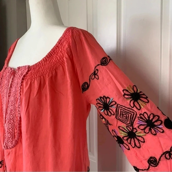 Kyra Off Shoulder Boho Tunic Coral Hand Embroidered Detail Cotton Top size Large - Picture 3 of 13